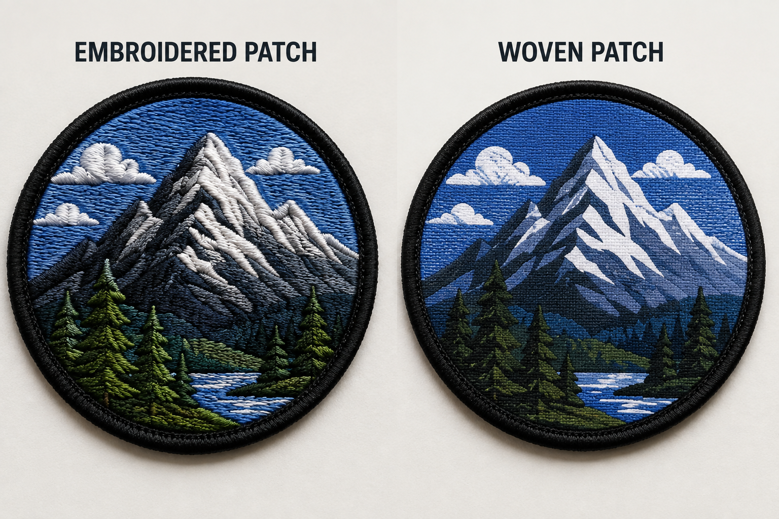 Close-up macro photo comparing the raised 3D thread texture of an embroidered patch with a smooth woven patch