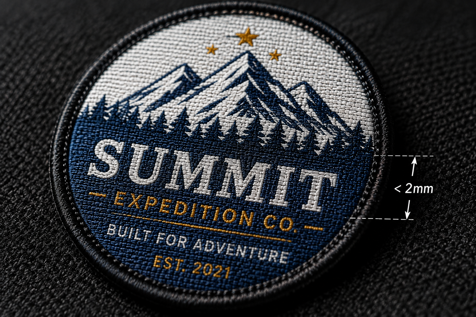 Custom woven patch demonstrating high-resolution micro-text legibility and fine graphic line work