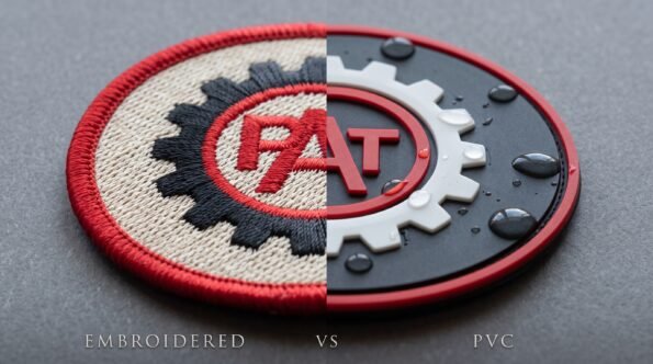 The alt text for the featured image (image_0.png) is: `A split-screen comparison showing the texture of an embroidered patch on the left with visible threads and a PVC patch on the right with a smooth, 3D rubber surface and water droplets.`